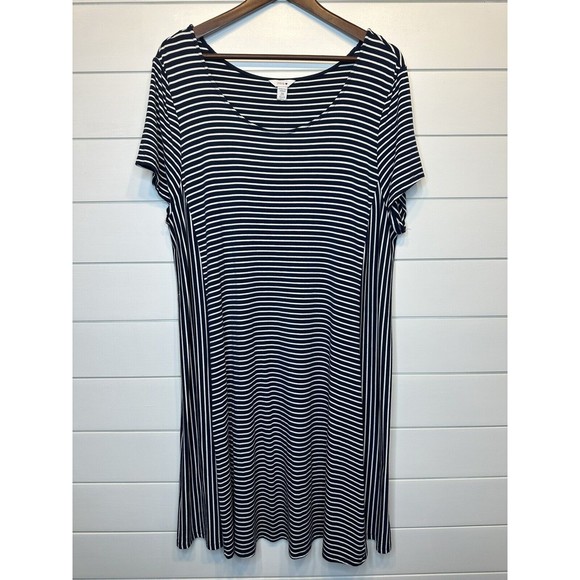 Intro Woman Dress 2X Navy Blue White Stripe Stretch Short Sleeve Nautical XXL - Picture 2 of 6